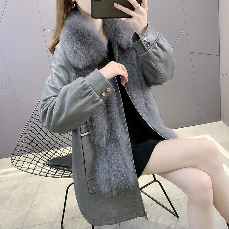 

Новинка Зима 2021, женское меховое пальто из лисьего меха, шерстяное интегрированное пальто средней длины из овечьего меха