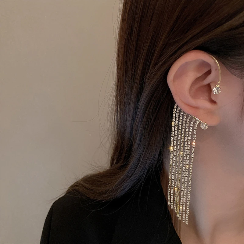 1Pc Luxury Shining Zircon Inlaid Rhinestone Long Tassel Ear Bone Clip Earring Ear Cuff Exquisite Earring Vintage Fashion Jewelry