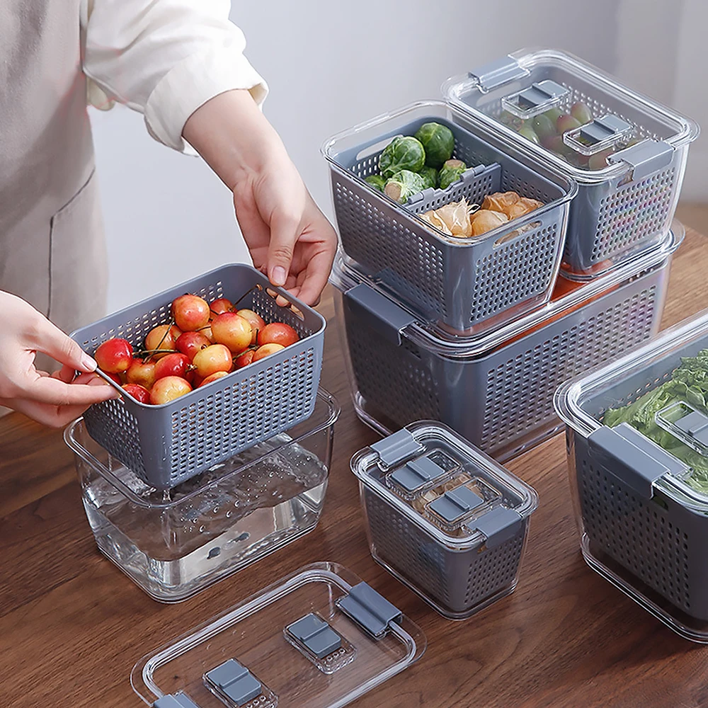 

Plastic Double Sealed Drain Storage Box Refrigerator Fruit Vegetable Drain Containers With Lid Kitchen Fridge Organizer Baskets