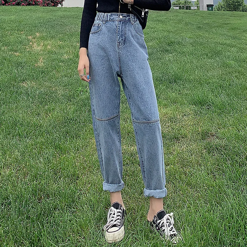 

Vintage High Waist Denim Pants Women Korean Patchwork Elastic Waist Straight Leg Harem Pants Woman Casua Streetwear Jeans Pants