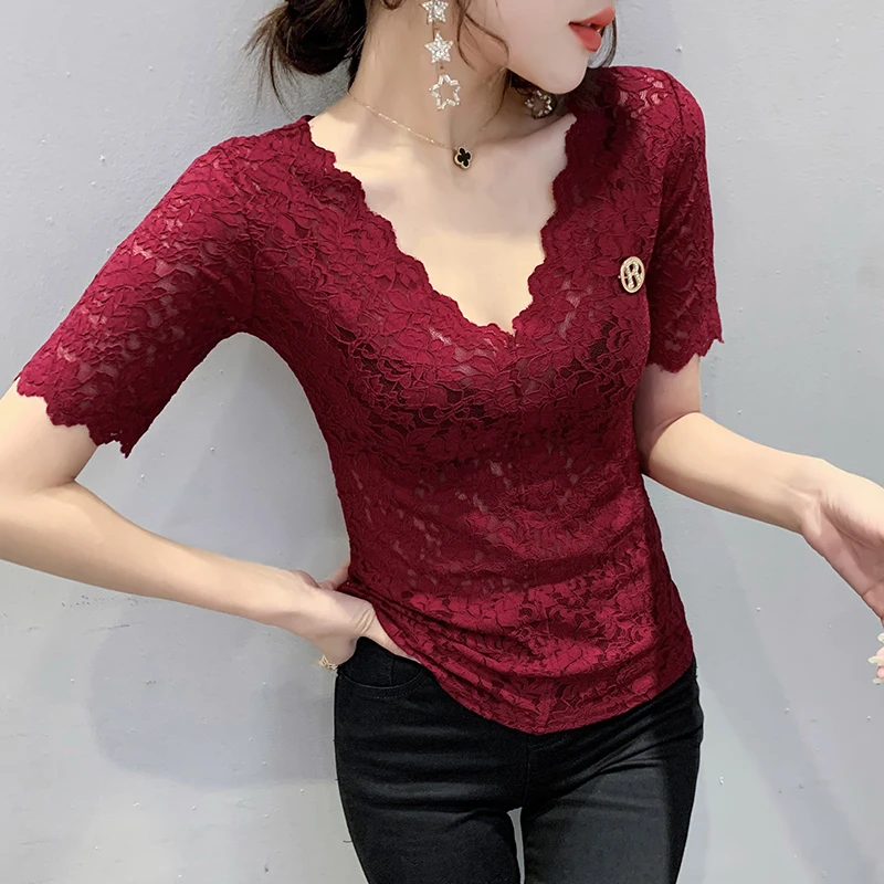 

2021Women Lace Blouse Tshirt Summer Elegant Short Sleeve V-neck Lace Shirt Female See-through Tops
