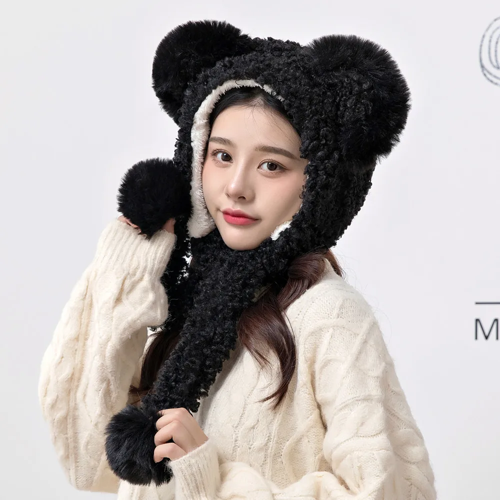 

New Women Cute Bear Hat High Quality Add Fur Lined Loosely Ears Winter Hat Stylish Wool Knitted Beanie Hats For Women Warm Cap