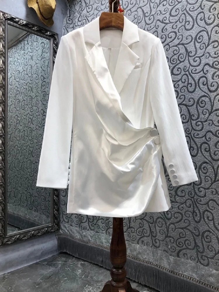 

High Quality Blazer Coats 2022 Spring Blazers Women Notched Collar Pleated Ruffle Deco Long Sleeve Elegant Black White Blazers