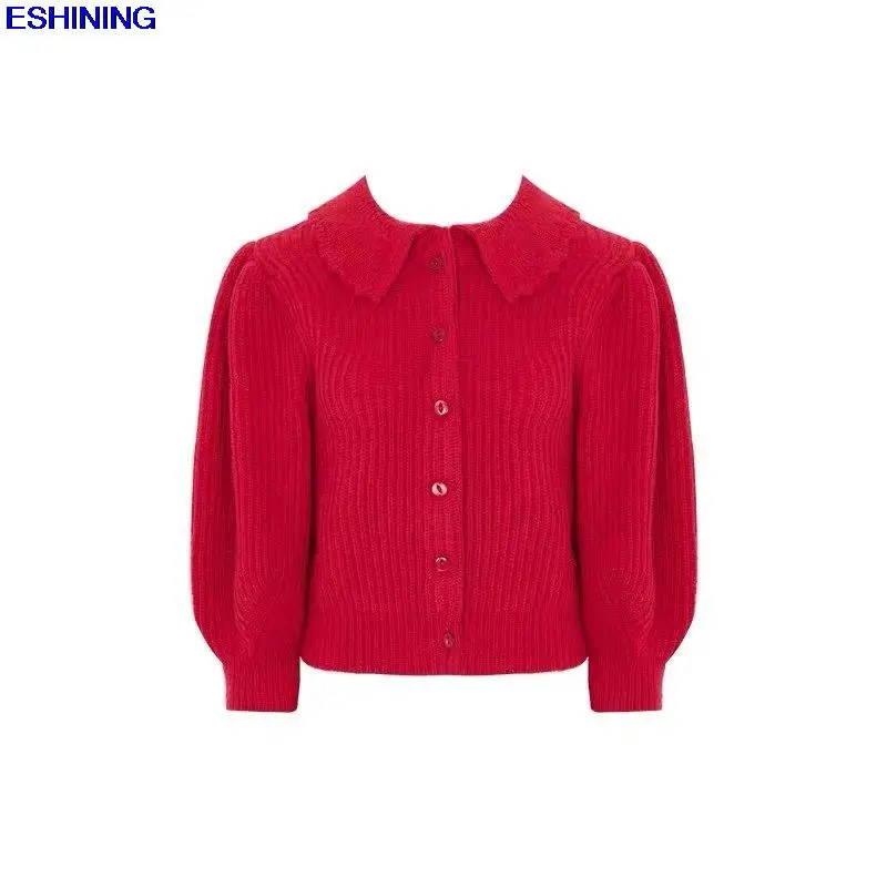 

New early autumn 2021 red sweater cardigan knitting sweater coat female mohair coat brief paragraph 7 minutes of sleeve sweater