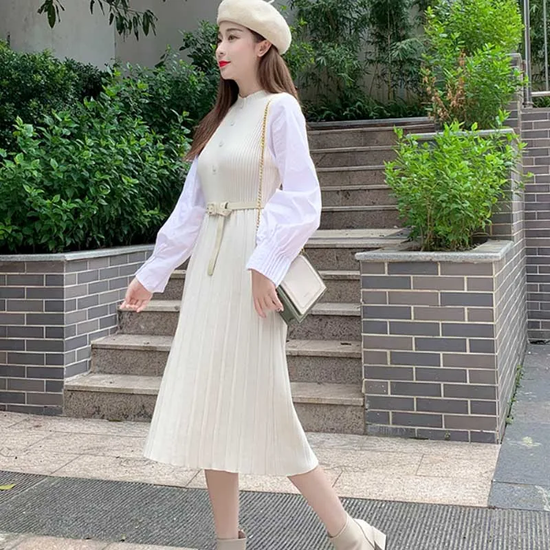

One-Piece Ladies Pleated Splicing Dress Korean Elegant Fake Two Knitted Sweater Dresses 2021 Winter Women'S Long Sleeves Dress