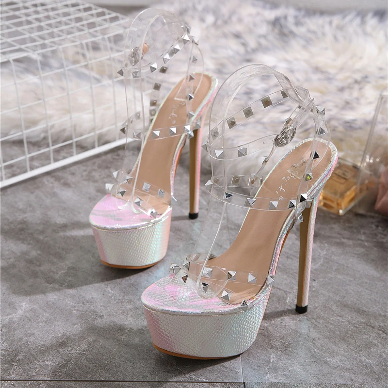 2020 новые летние пикантные женские прозрачные сандалии с заклепками на высоком