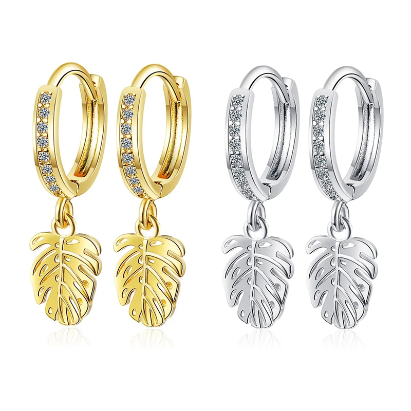 

Newest Natural Style Leaves Hoop Earrings For Women Crystal Zirconia Tiny Huggies Golden/White Fresh Cute Earring Pierce Jewelry