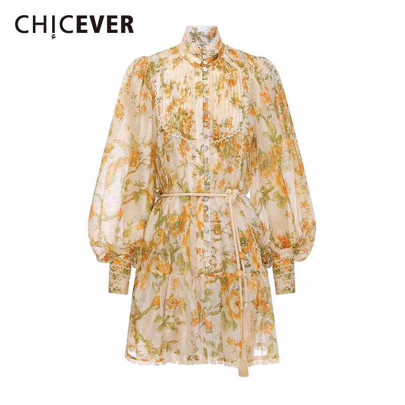 

CHICEVER Pullover Print Dress For Women Stand Collar Lantern Long Sleeve High Waist Hit Color Vintage Mini Dresses Females 2021