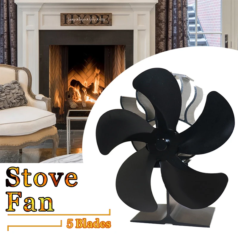 

Black Fireplace 5 Blade Heat Powered Stove Fan Log Wood Burner Eco Friendly Quiet Fan Home Efficient Heat Distribution