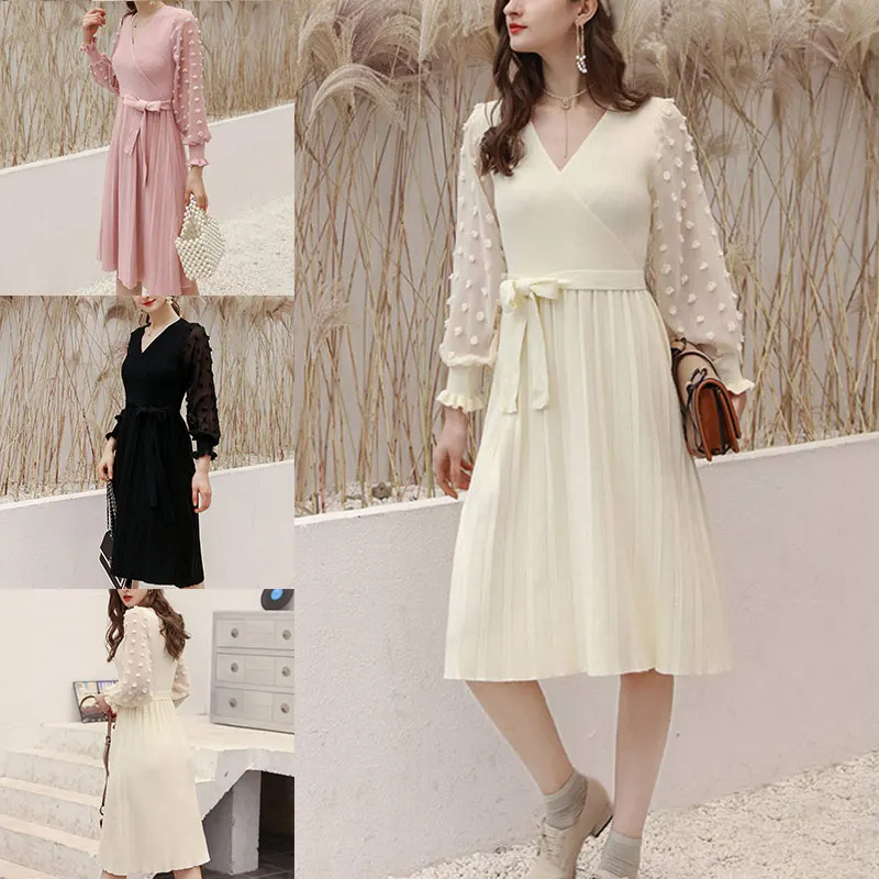 Новая мода женское шифоновое платье миди с длинным рукавом-фонариком глубокий