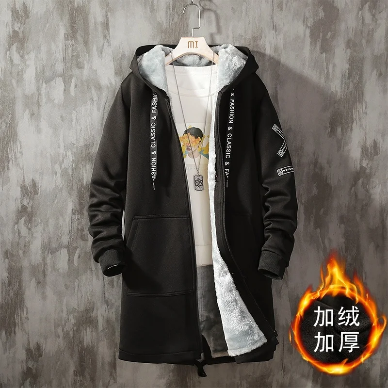 

Autumn and winter large men's Hooded Coat with plush and thickened coat Youth Medium Long Plush ribbon windbreaker for men