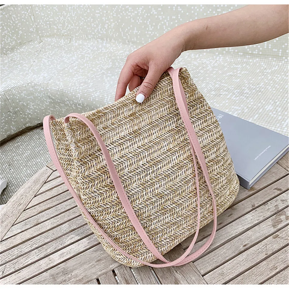 

New Casual Woven Shoulder Portable Straw Bucket Bag Beach Tote 2021