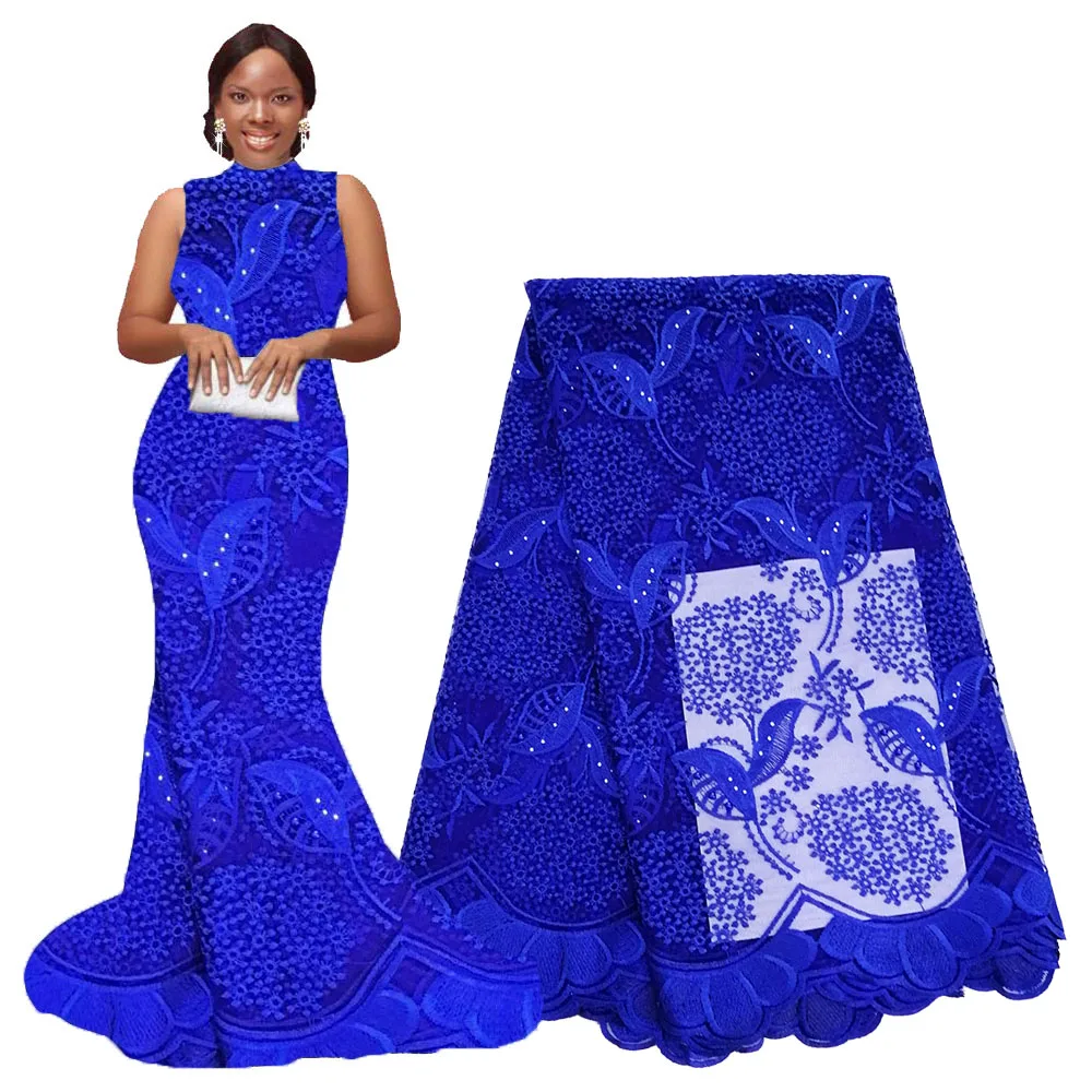 Королевский синий кружевной тюль вышитый бисером в африканском стиле 2019|Кружево|