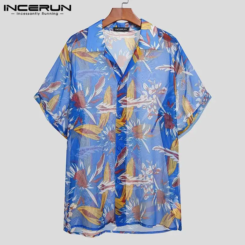 

INCERUN 2021 Men Mesh Shirt Printed See Through Short Sleeve Fashion Party Thin Tops Summer Camisas Streetwear Hawaiian Shirts