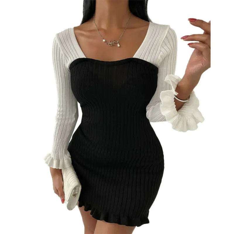 

Women Backless Ruffle Bodycon Dress Sexy Colorblock Long Sleeve Slim Dresses