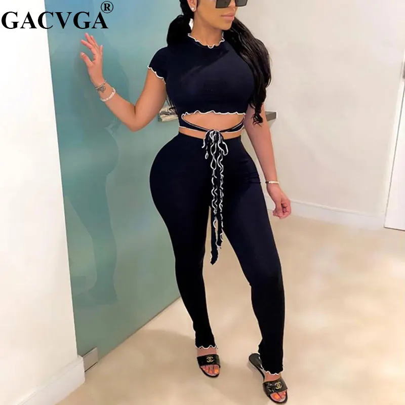 

GACVGA Sexy Sashes Two Pieces Sets Women Skinny Short Sleeve Casual Sets Female Summer Tracksuit Bodycon Clothing Outfits Style