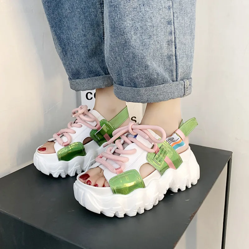 Летние женские сандалии на платформе Ulzzang модные дизайнерские шнуровке