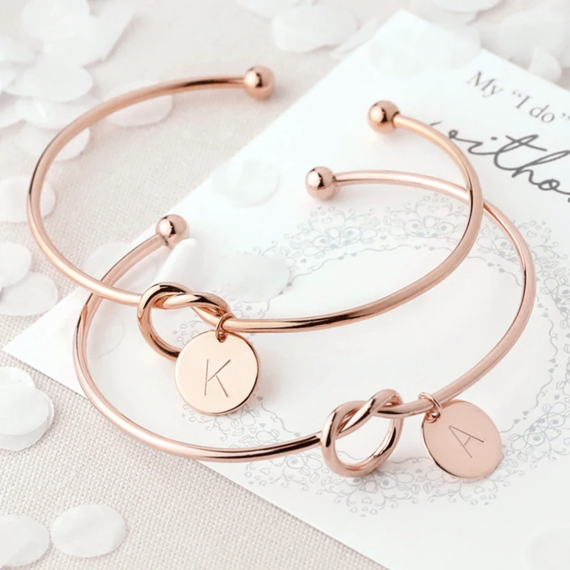 

Simple Rose Gold 26 Letter Charm Opening Bracelets For Women Men Lover Couples Original Golden Initials Bracelets Bangle Gift