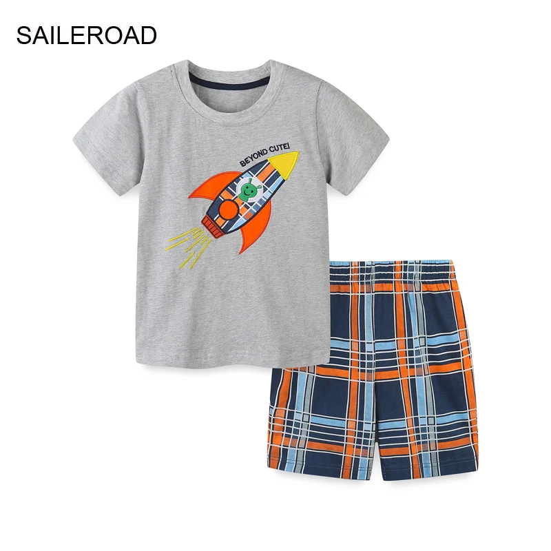 

SAILEROAD Summer Children's Clothes Boy Cartoon Rocket T shirts+Pants Kids Short Sleeves Clothing Set Teens Tracksuit