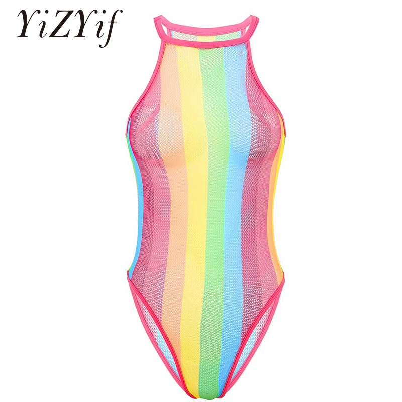 

Women See-through Fishnet Bodysuit Sexy Sleeveless Halter Neck Stretchy Stripes Bodysuit Rave Party Costumes Dancing Club Wear