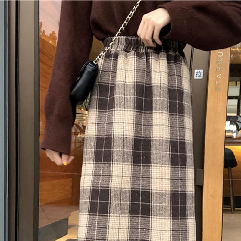 Skirts Women Plaid Thicker Warm Fashion Vintage College Elastic Waist New Ins Casual Straight Mid-Calf Khaki Harajuku Hot Sale images - 6