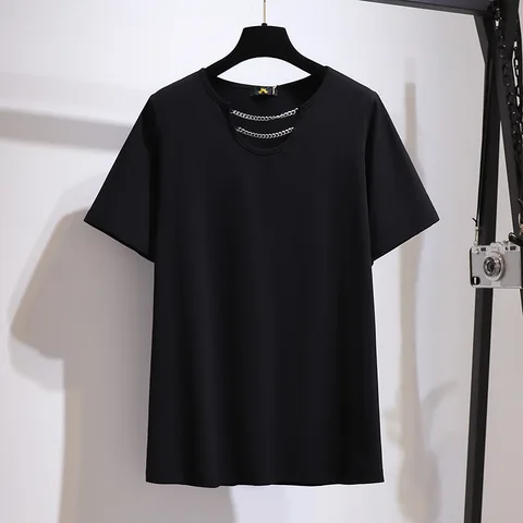 Новинка 2021, летняя женская одежда, топы, свободная хлопковая черная футболка с круглым вырезом и коротким рукавом, 3XL, 4XL, 5XL, 6XL, 7XL