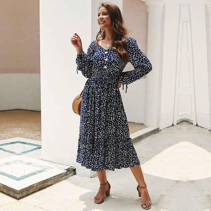 

Women Medium Long Print Dress V Neck Button Slim Lantern Sleeve High Waist Floral Dress New Casual Summer Dress Office Lady