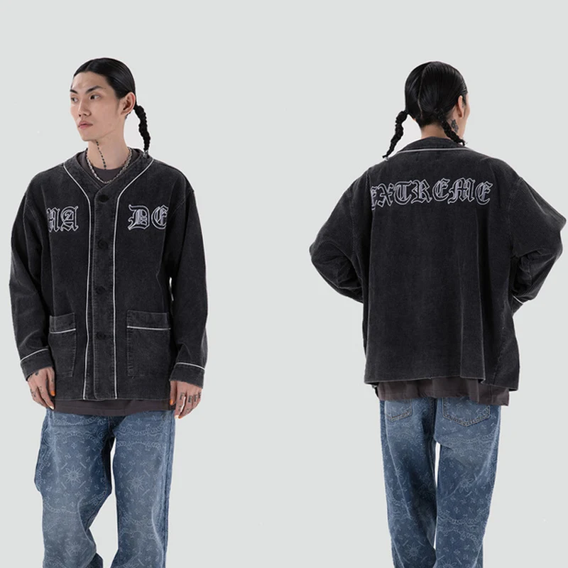 

Broken Letter Embroidery Jackets Streetwear HipHop Mens Vintage Hip Hop Corduroy Jacket Tops Male Windbreaker Coat