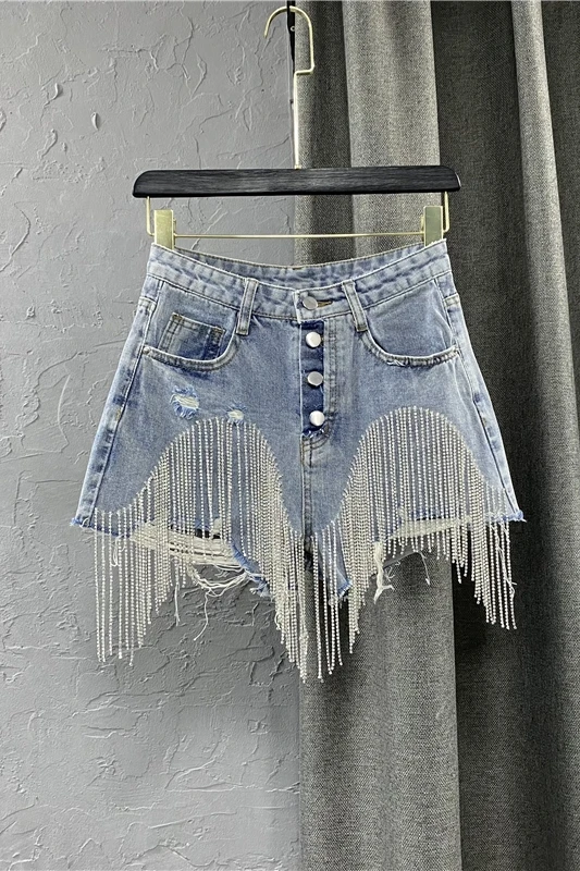 

Casual High Waist Tassel Sequins Single-Breasted Denim Shorts Women 2021 Summer Wide Leg Rhinestone Light Blue Hot shorts Female