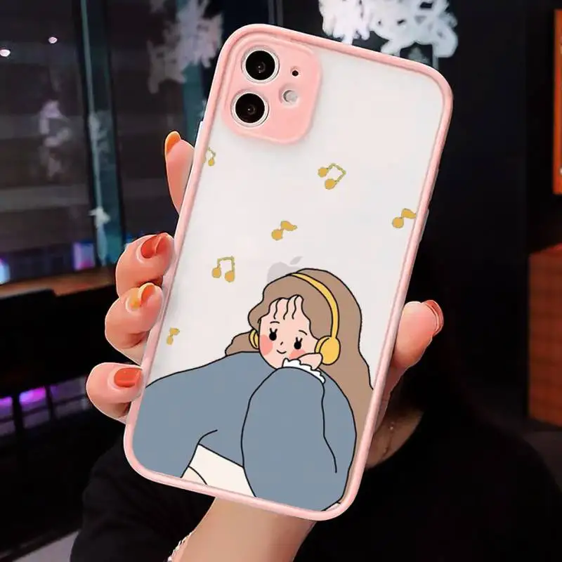 

Aesthetic cartoon girl Phone Cases Matte transparent For Pink iPhone 12 Mini 11 Pro XR XS Max 7 8 Plus X Back Cover