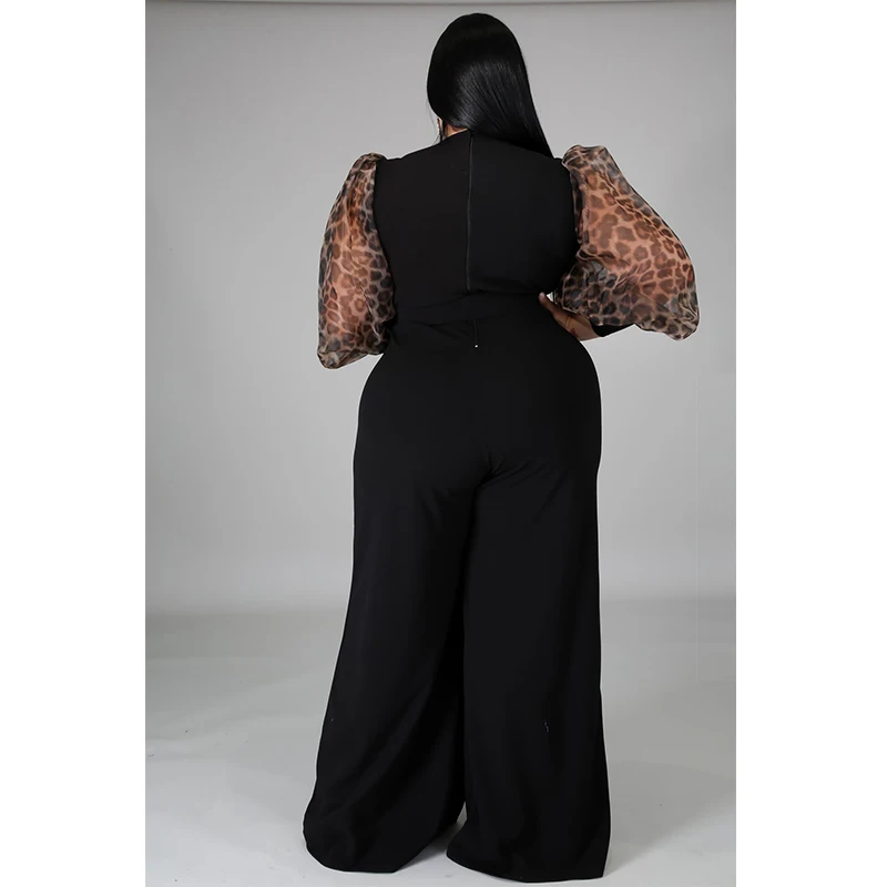 

Sexy Leopard Grain Sleeve One Piece Outfit Women Fashion V Neck Waistband Wide Leg Plus Size Jumpsuits Wholesale Dropshipping