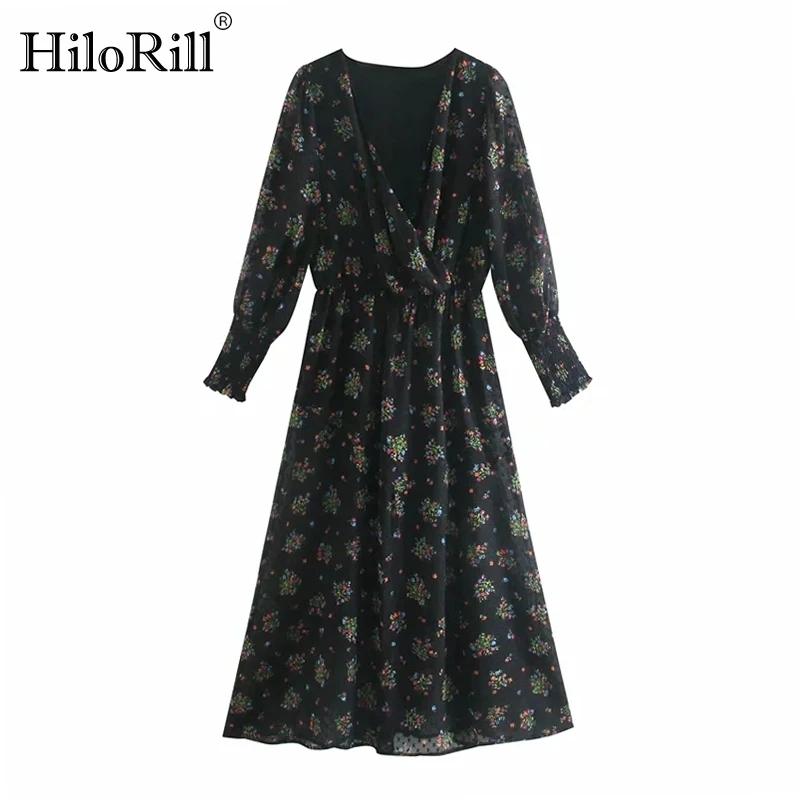 

HiloRill Sexy V Neck Floral Print Long Dress Women Long Sleeve Chic Mesh Chiffon Dress A Line Party Maxi Dresses 2021 Vestidos