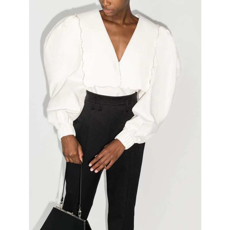 

Индустрия 10,24 лоскутное Тяжелая алмазы с пышными рукавами белая рубашка Женская мода темперамент платье с треугольным вырезом и короткими ...