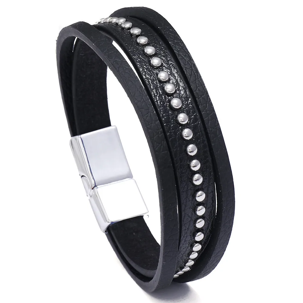 

2021 Casual Womens Mens Stud Black Leather Rope Chain Bracelet Multi-Layer Handmade Braided Wrap Wristband Unisex Jewelry