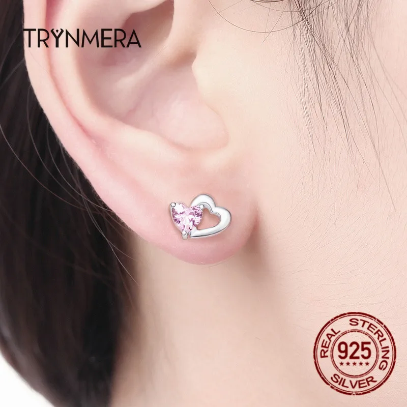 

Trynmera 925 Sterling Silver Double Heart To Heart Pink CZ Stud Earrings for Women Brincos Fine Jewelry Bijoux TE061