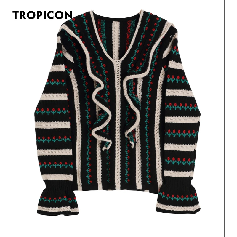 

TROPICON Vintage Ruffle Striped Sweater Winter Clothes Women Flare Sleeve V Neck Pullovers Kawaii Knitted Sweater Fall 2021