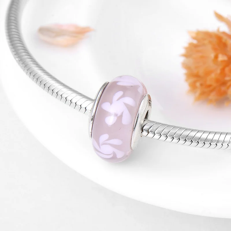 Hot 925 Sterling Silver Color pink white Flower European Glass Beads Fit Original fine Charm Women DIY Bracelets Jewelry 2018 | Украшения и