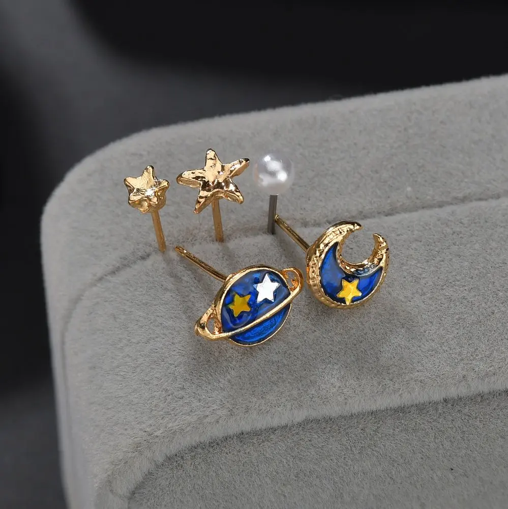 MissCyCy 5 шт./компл. Синий Розовый Вселенной Звездных Луна Звезды мини серьги