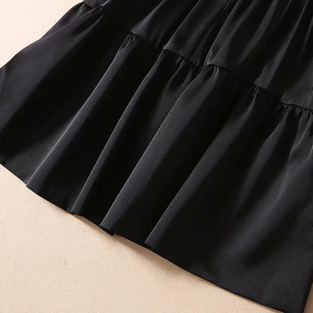 

2021 Spring Summer Fashion Skirt Suits Women Hollow Out Lace Embroidery Flare Sleeve White Tops+High Waist Black Skirt Sets 2pc