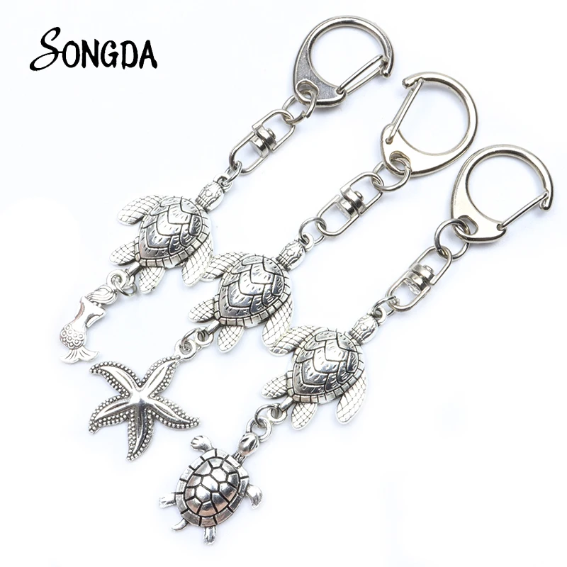 

Starfish Tortoise Turtle Keychains Holder Pendant Silver Color Seahorse Key Chains Key Rings for Car Bag Key Jewelry Wholesale