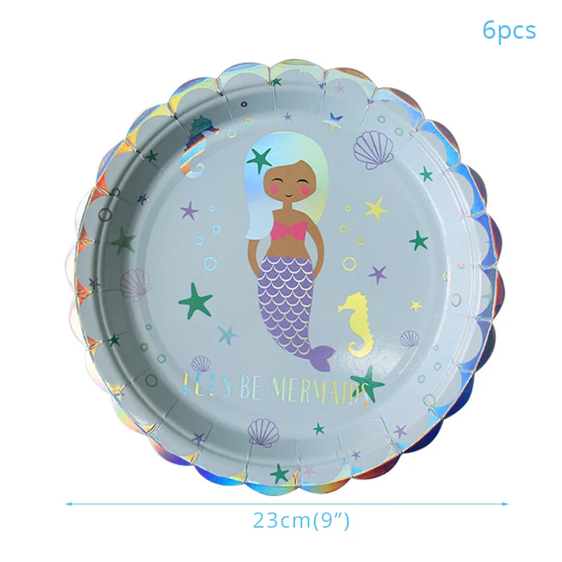 6pcs 9inch paltes Русалка вечерние украшения Блеск "с днем рождения" баннер Праздничная гирлянда для дня рождения овсянка флаги тарелки чашки, ребенок, душ принадлежности - Цвет: 6pcs 9inch paltes