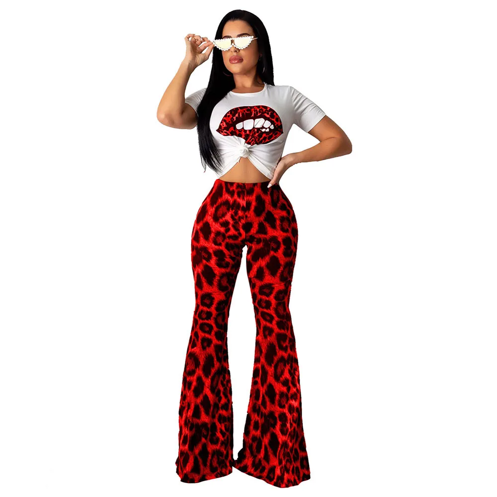 2019 Осенняя Женская леопардовая футболка с леопардовым принтом широкие брюки