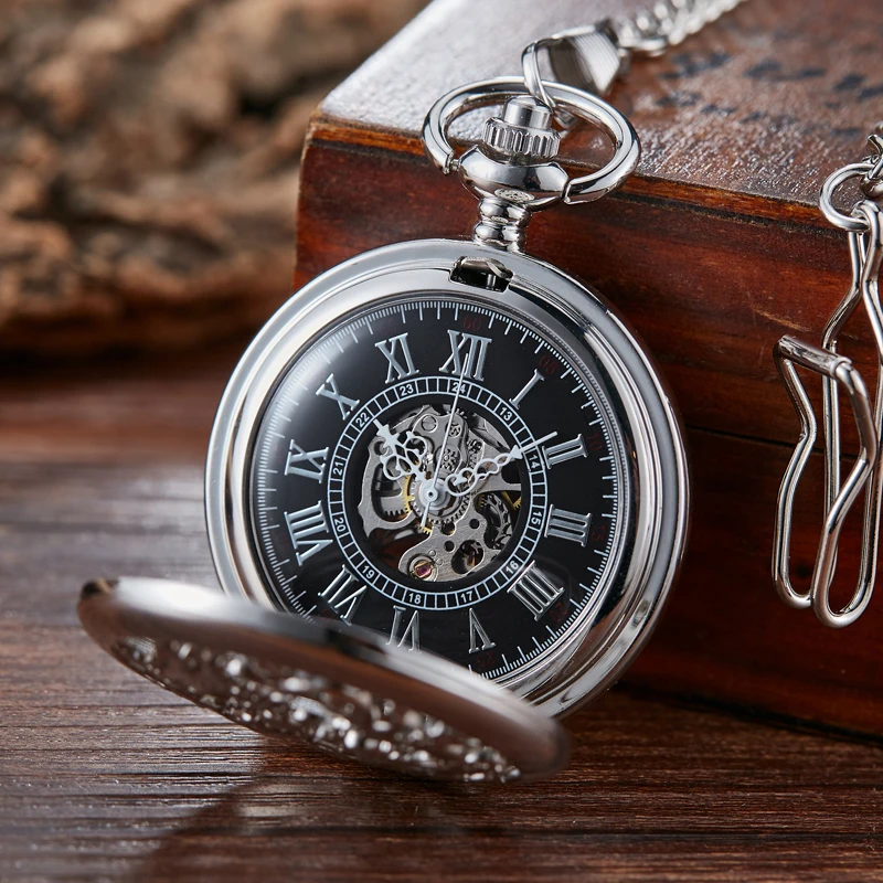 Mechanical Pocket Watch Dragon Play Ball Steampunk Skeleton Hand-wind Flip Clock Fob Watch With Chain For Men Women Collection