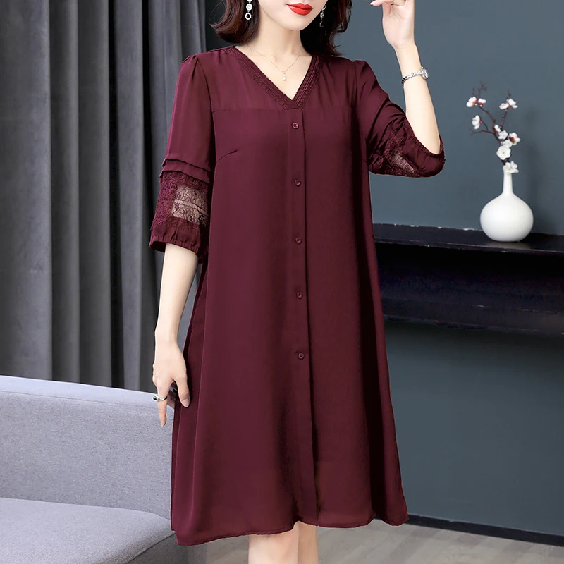 

Women's Dress Summer Clothes V-Neck Elegant Mid-Length Loose Summer Dresses Vestidos Middle-Aged Elderly Mothers Clothing W685