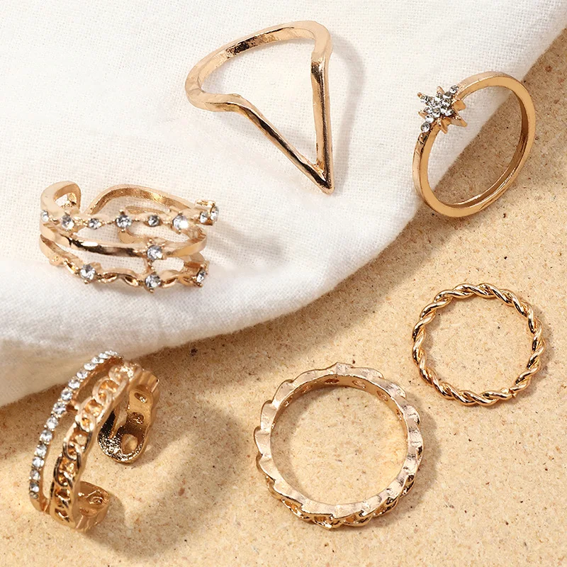 

6Pcs/Set Fashion Gold Color Rings Set Heart Round Twist Ring Crystal Star Geometry Women Rings Set Engagement Party Jewelry Gift