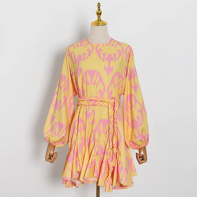 

TWOTWINSTYLE Patchwork Print Hit Color Women's Dress O Neck Long Sleeve High Waist Lace Up Bowknot Dresses Female 2020 Fall New