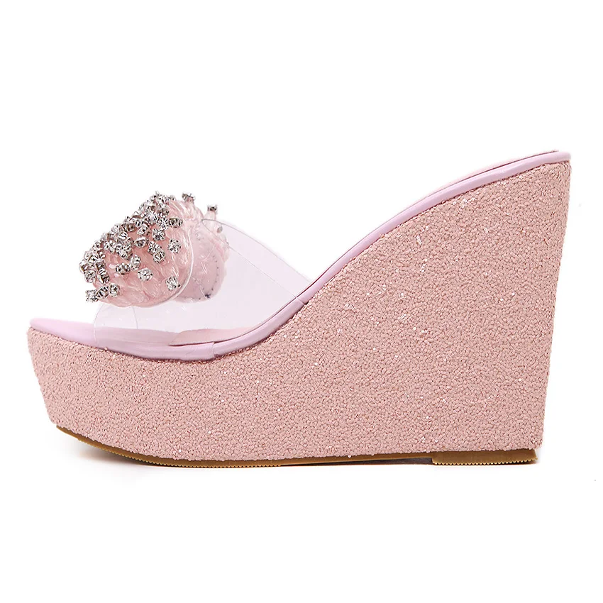 2020 женские босоножки на танкетке со стразами летние шлепанцы высоком каблуке 11 5