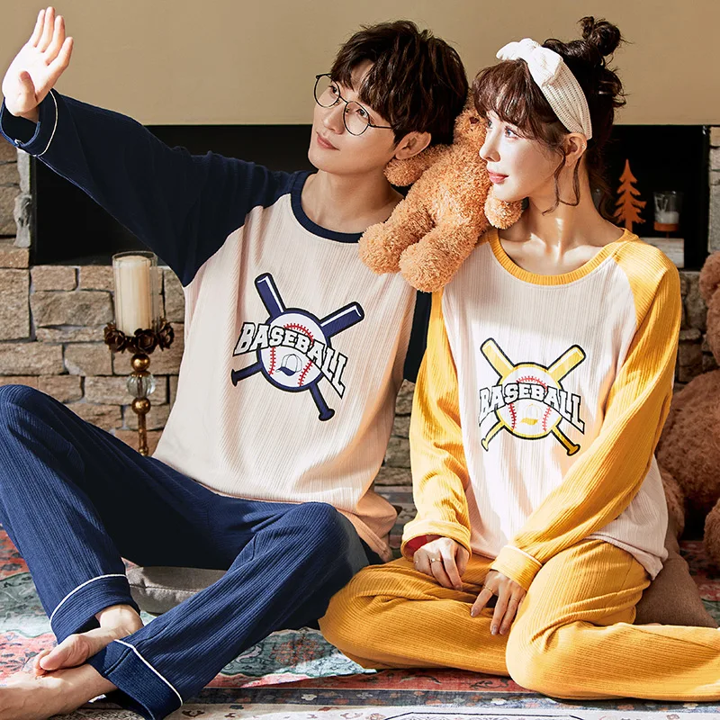 Новые осенне-зимние хлопковые Пижамные комплекты для пар с длинным рукавом в