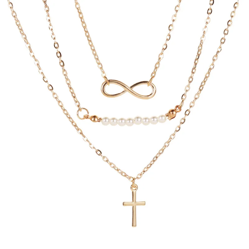 

FUN-BEAUTY New Ladies Fashion Accessories Trendy Three-layer Necklace with Pearls Multi-layer Necklace Cross Clavicle Chain