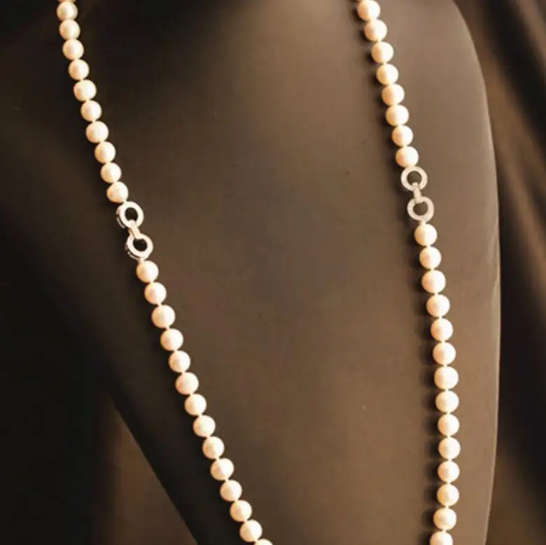

Hot sell 8-9mm 80cm white natural freshwater pearl necklace long sweater chain inlay zircon accessories fine jewelry